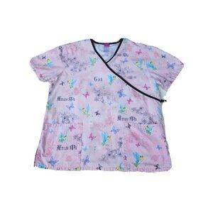 Disney World Pink Tinkerbell Print Scrub Top V- Neck Women's Sz Medium - READ
